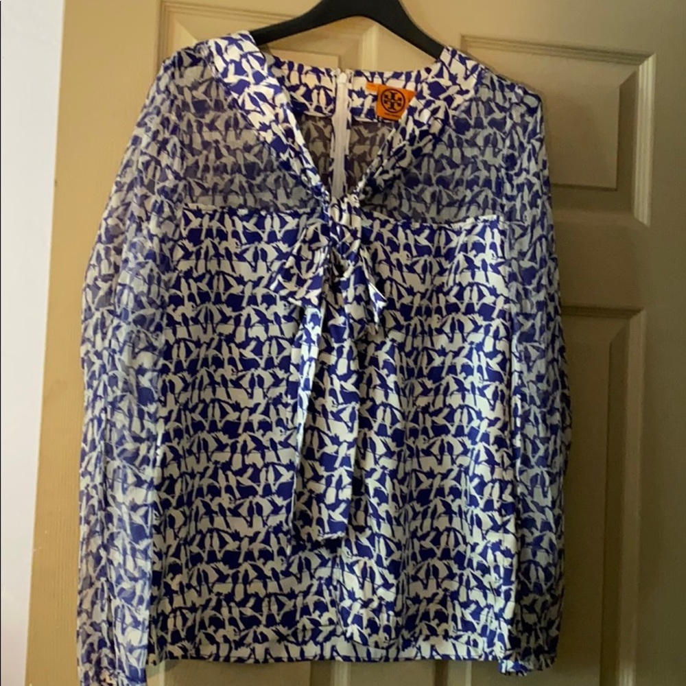 Tory Burch blue/white silk women’s bow blouse